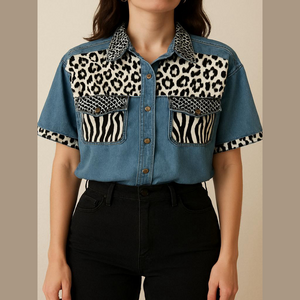 Vintage Jean shirt zebra Animal Print Denim Shirt